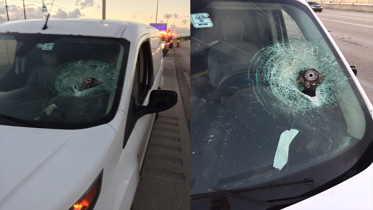 Debris Believed To Be Truck Part Smashes Into Windshield On Debris Believed To Be Truck Part Smashes Into Windshield On